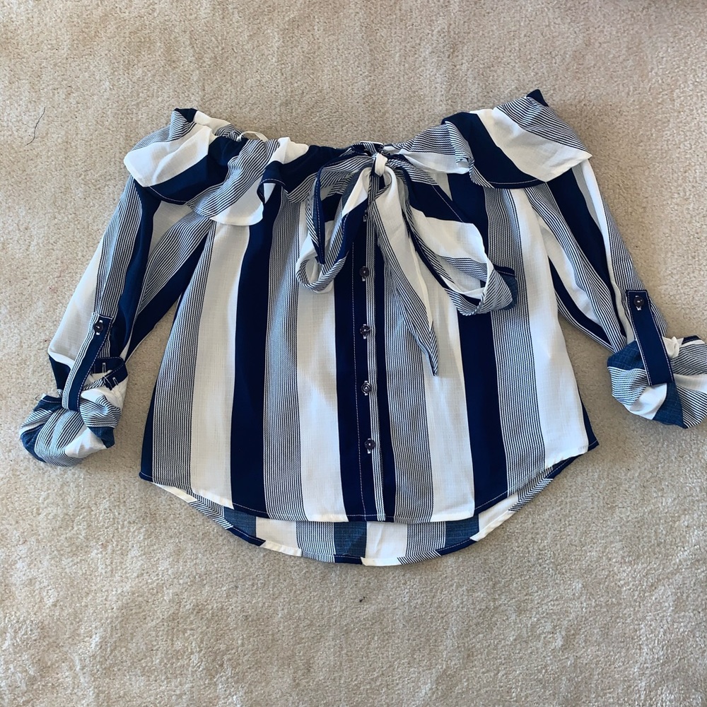 Navy and White Striped Off the Shoulder Top
